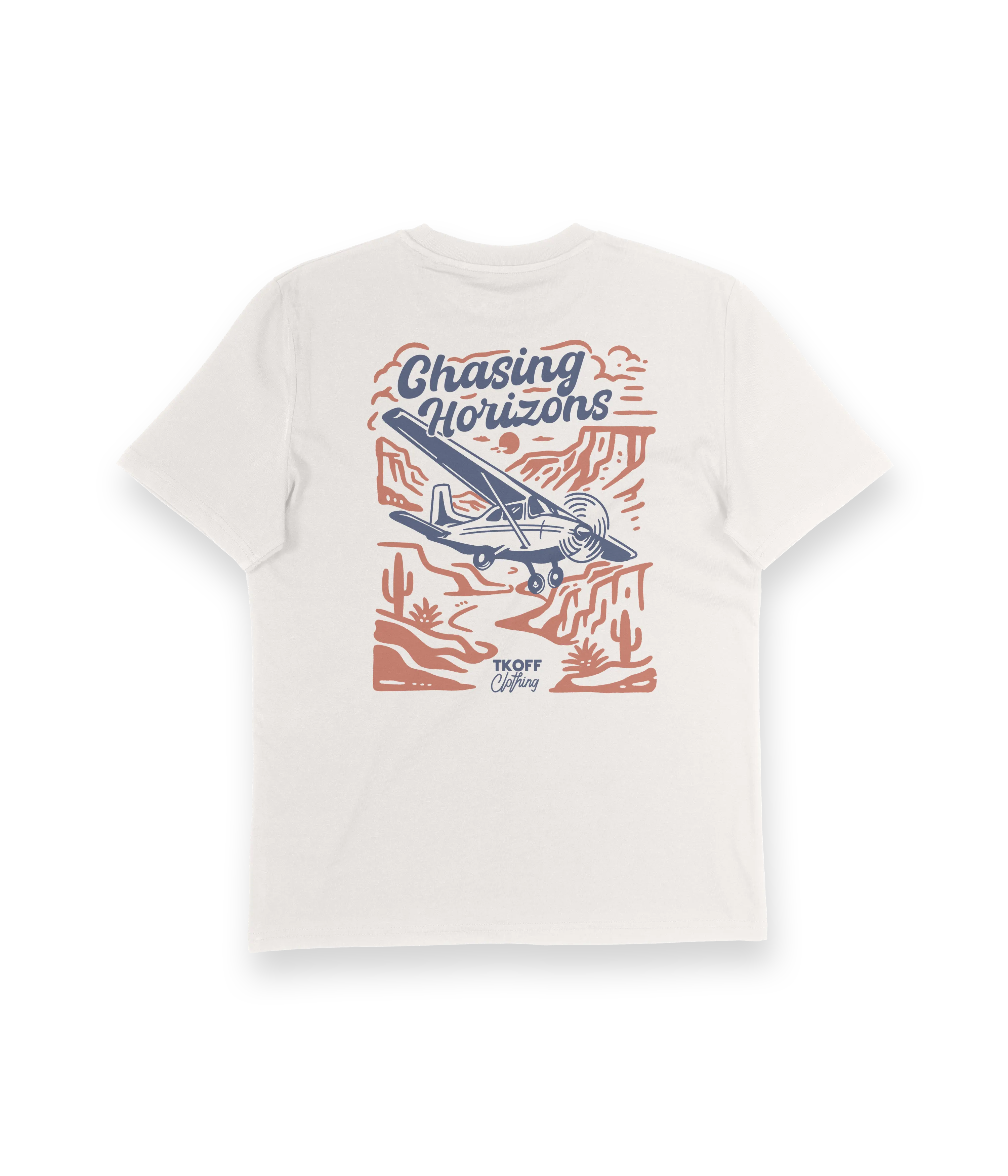 White t-shirt with 'Chasing Horizons' graphic design featuring an airplane and desert landscape on a white background.