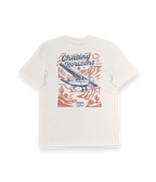 White t-shirt with 'Chasing Horizons' graphic design featuring an airplane and desert landscape on a white background.