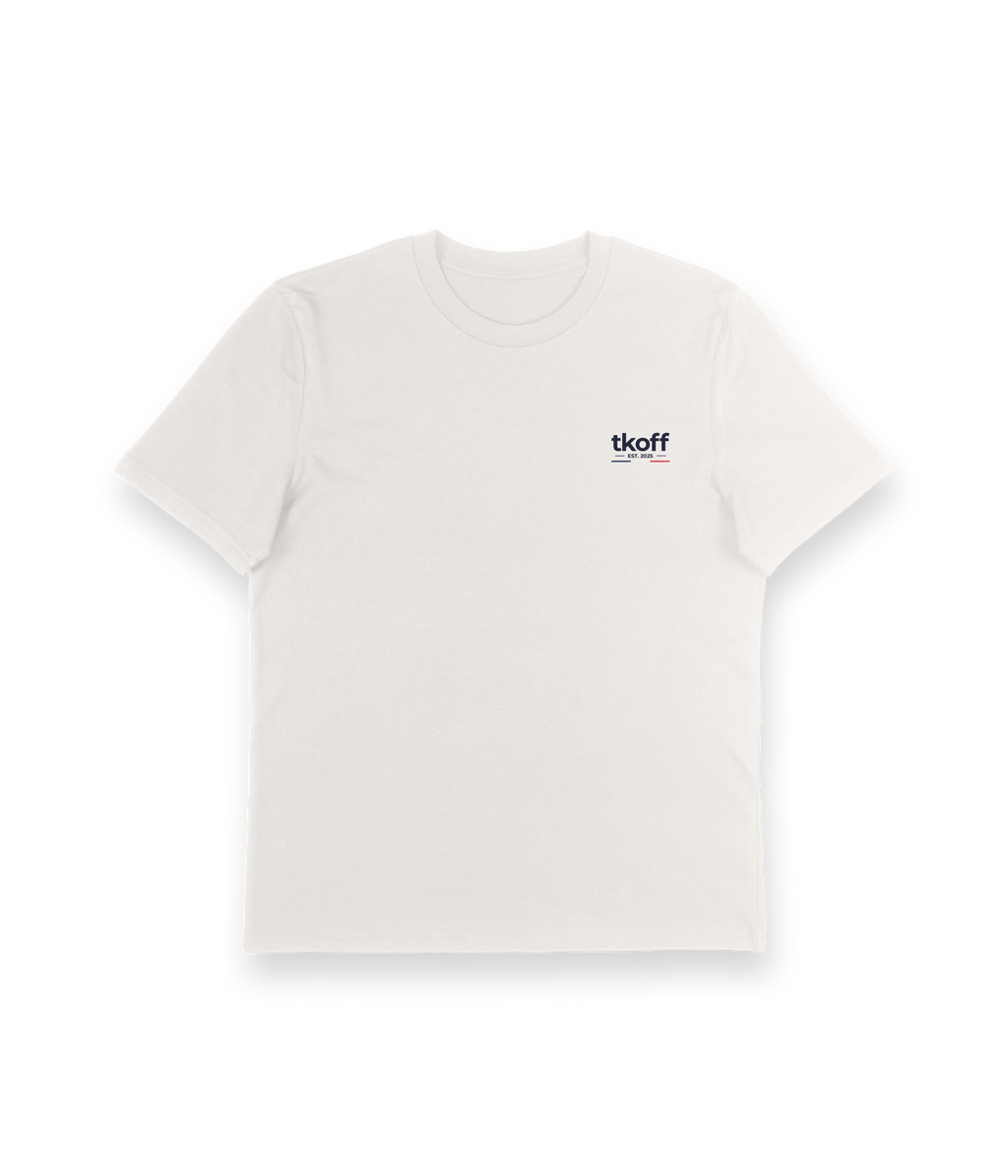 White t-shirt with 'tkoff' logo on a white background
