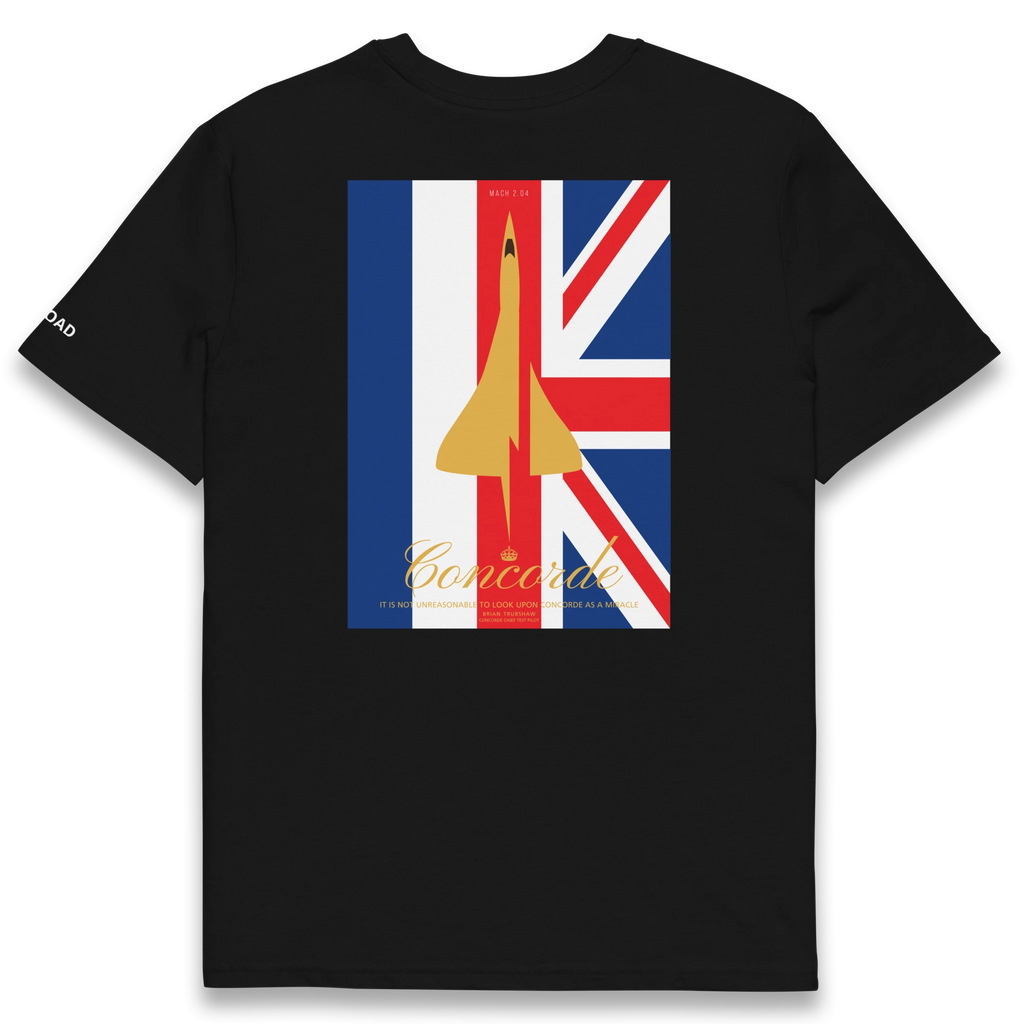 Black t-shirt with a graphic design of a rocket on a Union Jack background