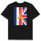 Black t-shirt with a graphic design of a rocket on a Union Jack background