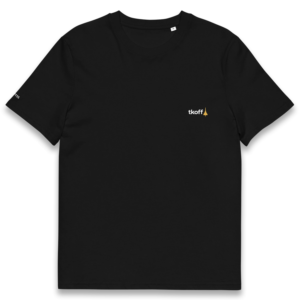 Black t-shirt with a small golden concorde logo and a white tkoff text