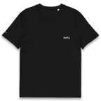 Black t-shirt with a small golden concorde logo and a white tkoff text