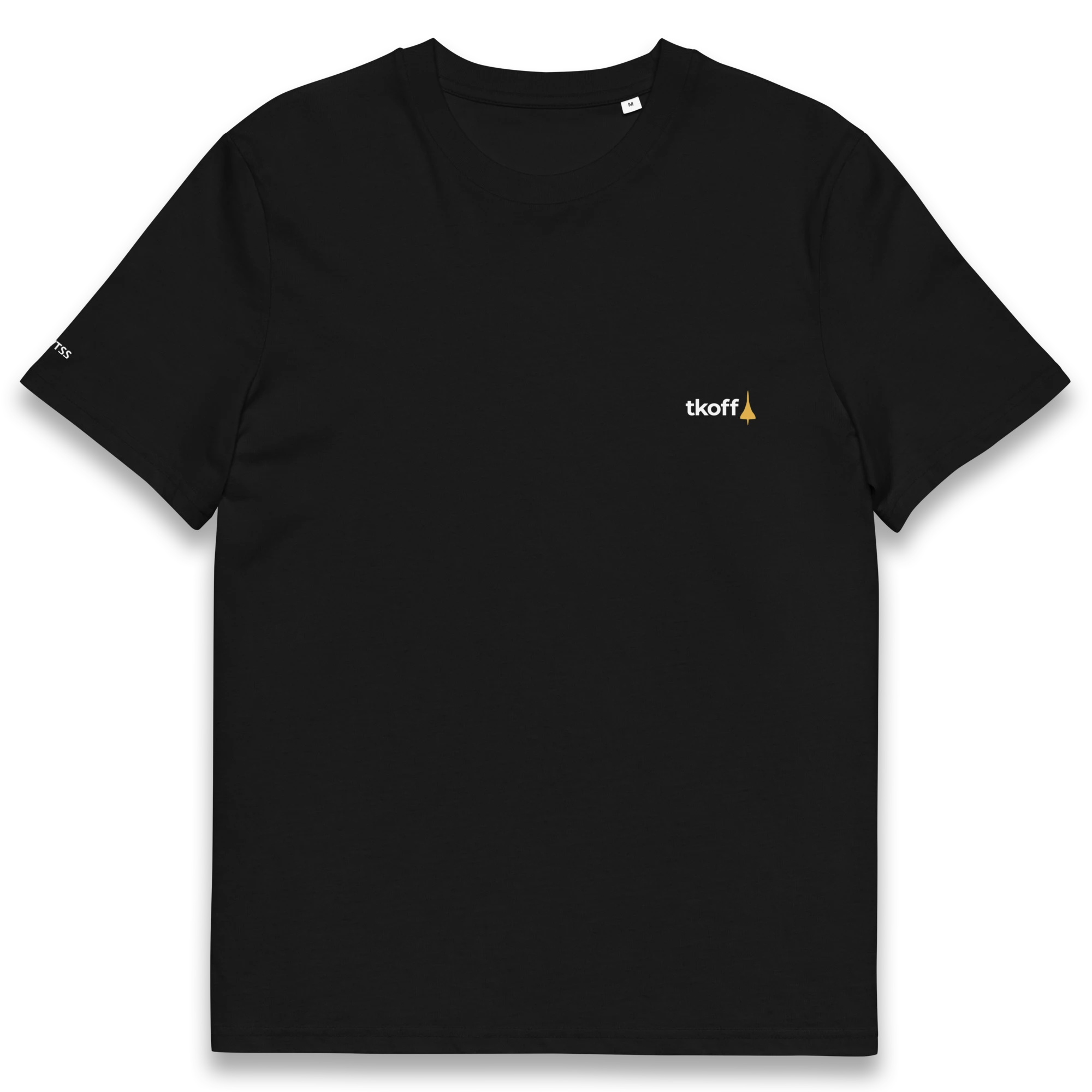 Black t-shirt with a small golden concorde logo and a white tkoff text